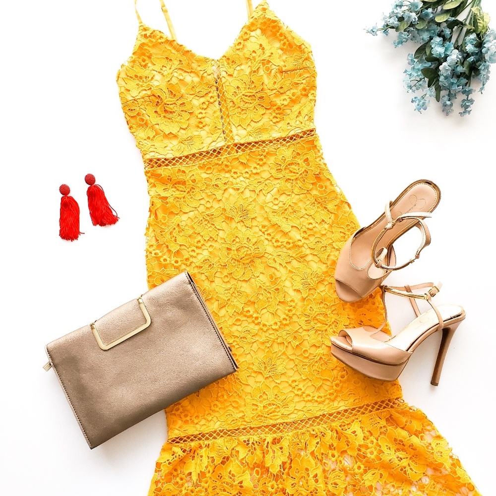 Lulu's Taliah Golden Yellow Lace Midi Dress XS